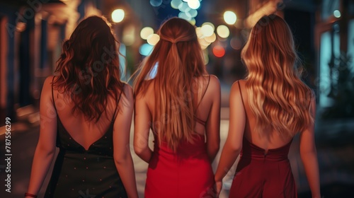 Three friends in short dresses walking the city at night. Back view photo. Girls heading to a nightclub.