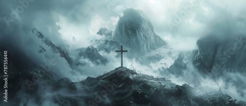 Ethereal cross above clouded peak