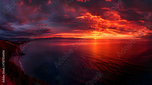 A fiery red and orange sunset over a serene bay, panoramic stitching to capture the expansive horizon and saturated colors
