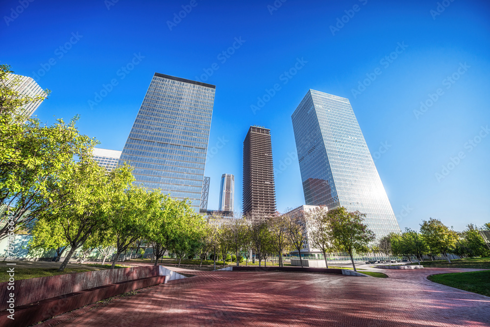 Morning Glow on City Park with Modern Skyscraper Backdrop Morning Glow on City Park with Modern Skyscraper Backdrop