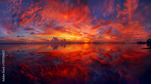 A fiery red and orange sunset over a serene bay, panoramic stitching to capture the expansive horizon and saturated colors