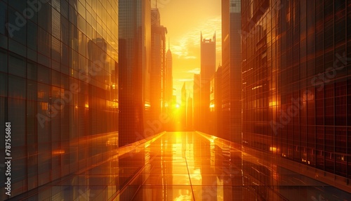 Sunset Reflections on Glass Facades: A Street-Level Perspective of Modern Skyscrapers Bathed in Golden Light