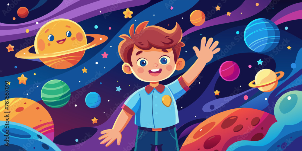 Cute boy randomly waving in space with colorful planet destroying , cartoon illustration with colorful background Cute boy randomly waving in space with colorful planet destroying , cartoon illustration with colorful background