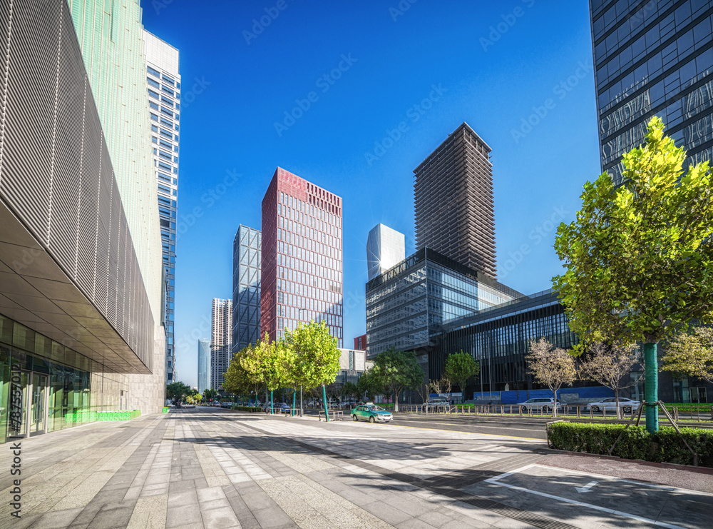 Vibrant City Street View with Skyscrapers