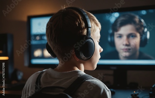 A young boy wearing headphones is enjoying music on a display device in a room