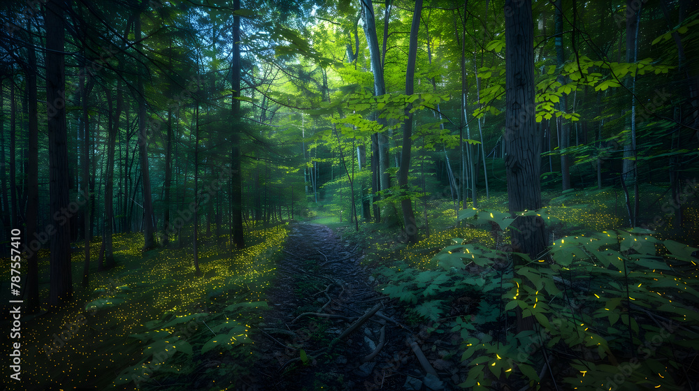 A firefly-lit night in a secluded woods, long exposure to capture the trails of light against the dark forest backdrop A firefly-lit night in a secluded woods, long exposure to capture the trails of light against the dark forest backdrop