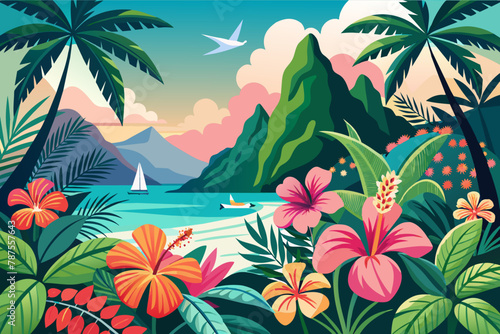 Exotic tropical hibiscus flowers in paradise Illustration