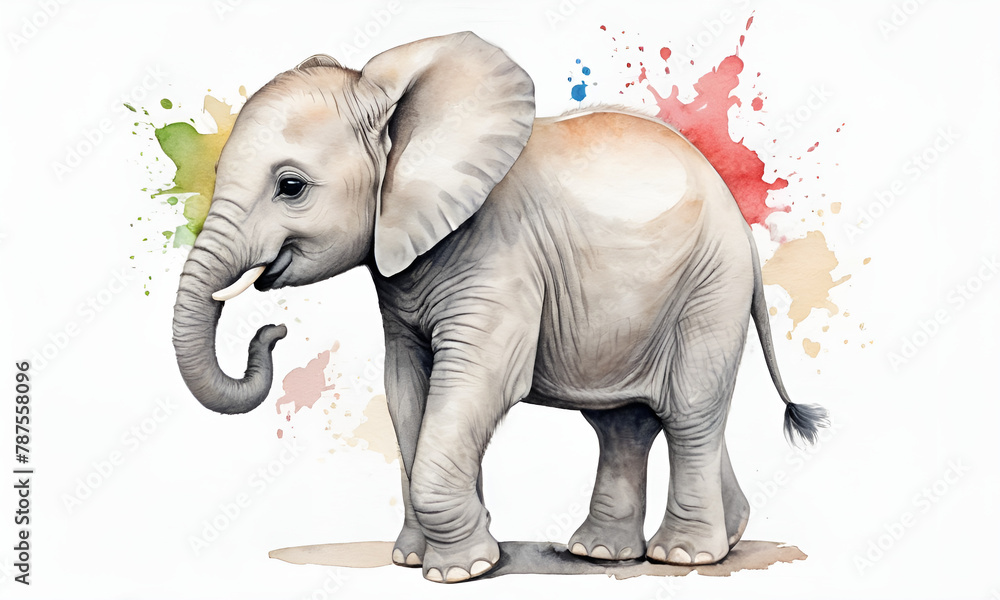 Elephant in profile painted with watercolors. White background. Spots of paint.