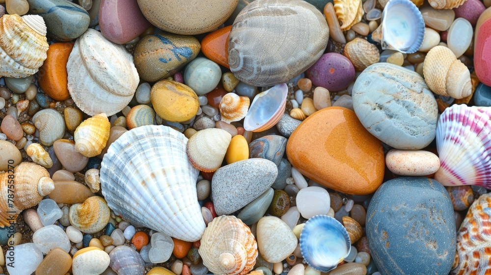 Variety of textures colored small stones seashells and sand in different sizes and colors