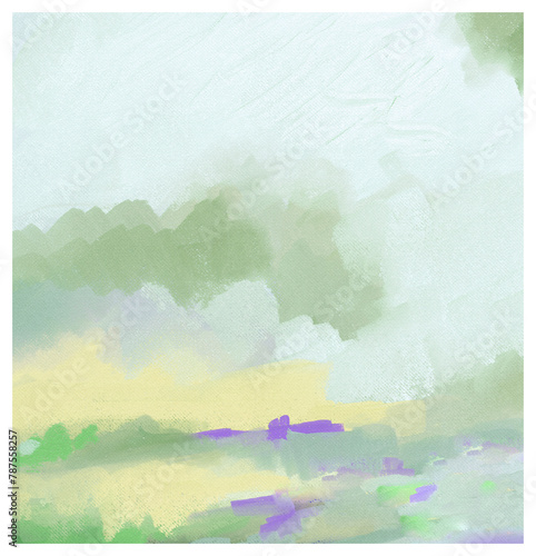 Impressionistic Cloudscape or Landscape with Soft Pastel & Highlights of Vibrant Colors in Sage, Purple Yellow- Art, Digital Painting, Artwork, Design, Artwork, Illustration w/ Canvas Texture 