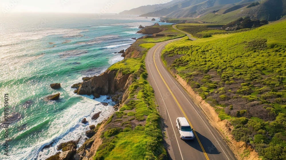An image of a car driving down a picturesque coastal road with the sparkling green ocean in the background. A caption reads Green Gold is driving us towards a greener and cleaner future .