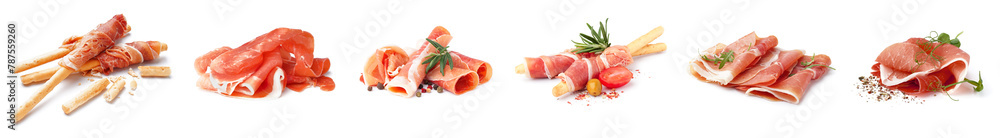 Set of tasty Italian prosciutto on white background Set of tasty Italian prosciutto on white background