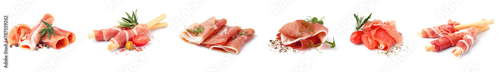 Collage of tasty Italian prosciutto on white background Collage of tasty Italian prosciutto on white background