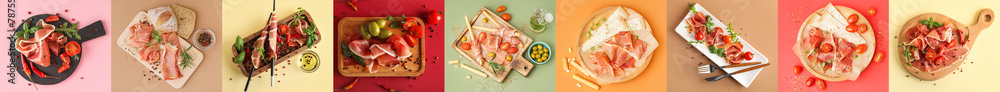 Collage of tasty Italian prosciutto on color background, top view - obrazy, fototapety, plakaty 