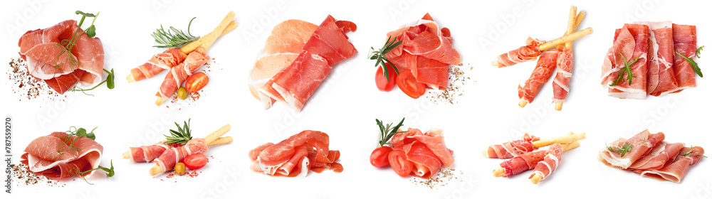 Collection of tasty Italian prosciutto on white background Collection of tasty Italian prosciutto on white background