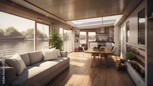 A photo of Contemporary Houseboat Design in Soft light