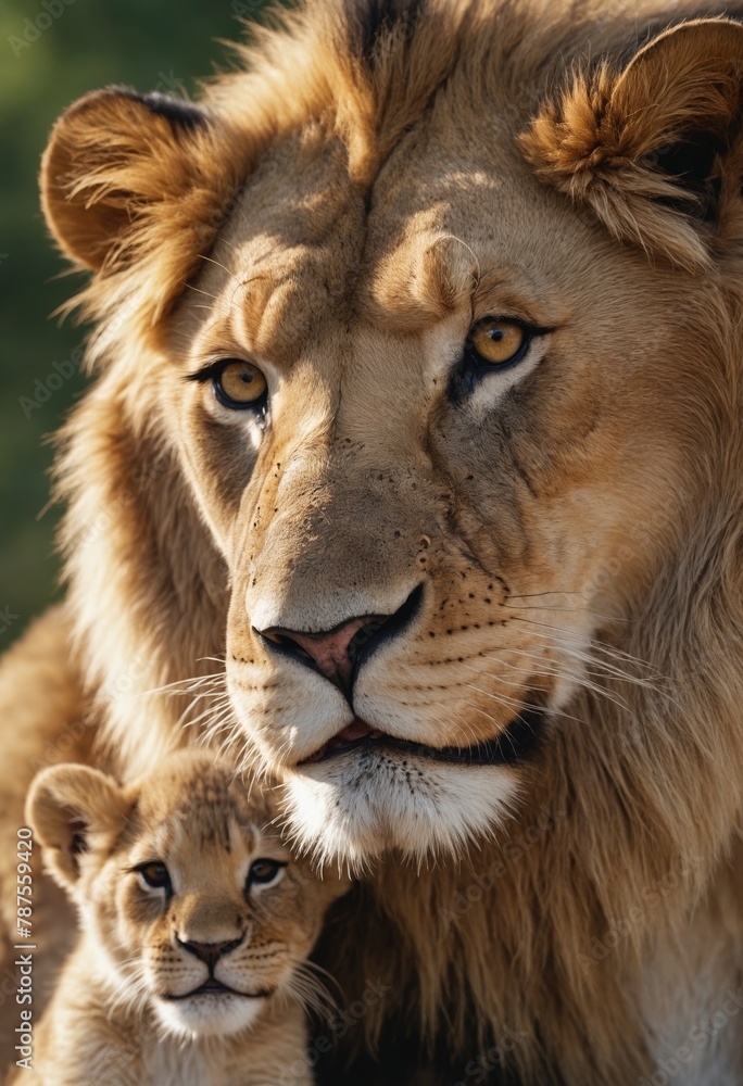 Masai lion and lioness cub with whiskers and fawn in grass Masai lion and lioness cub with whiskers and fawn in grass