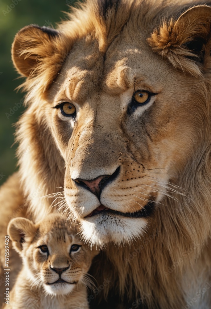 Masai lion and lioness cub with whiskers and fawn in grass