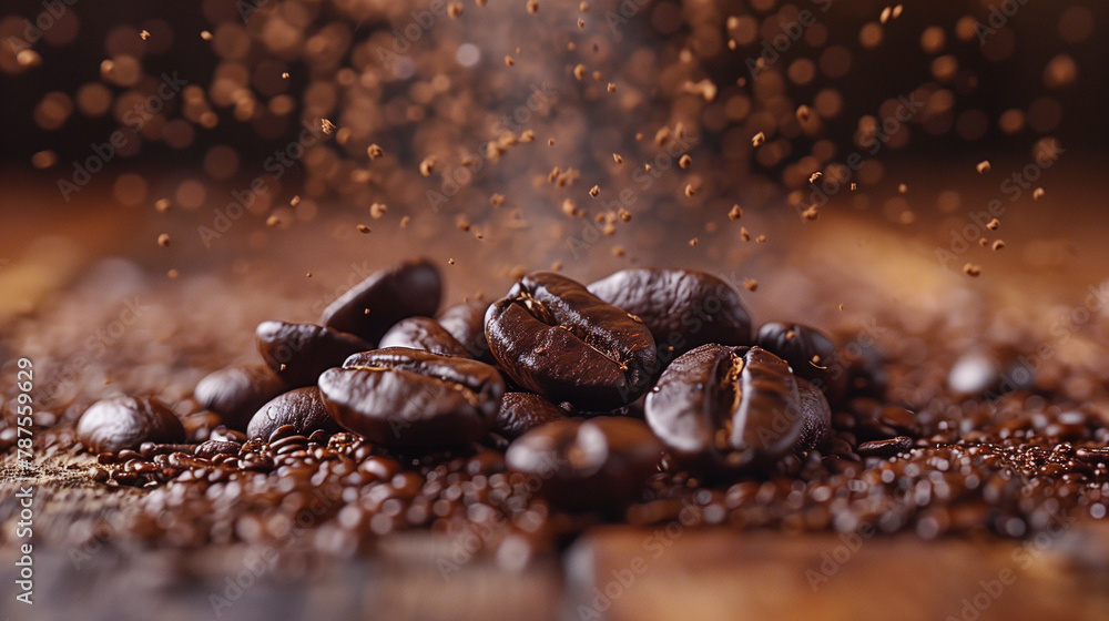 A pile of coffee beans with some powder on top A pile of coffee beans with some powder on top