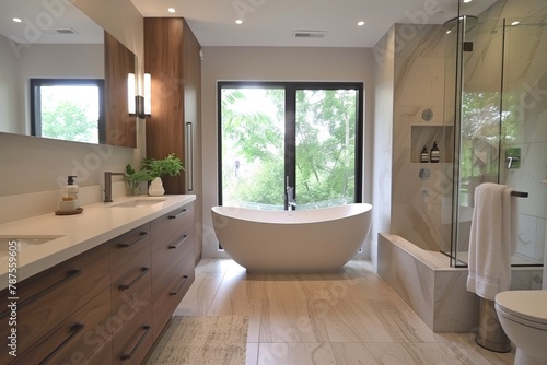 Contemporary bathroom, clean lines, freestanding tub, minimal fixtures © Seksan
