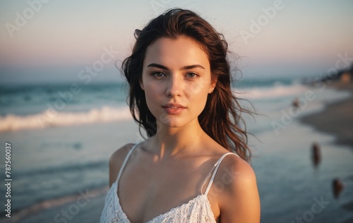 A woman in a blue dress smiles at the sunset on the beach