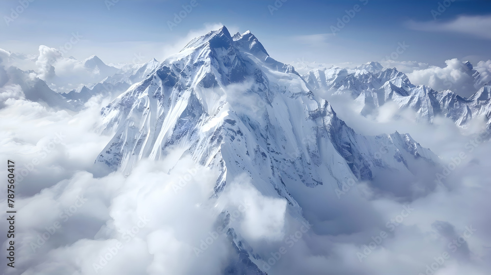 A jagged mountain peak piercing through clouds, aerial photography to show the imposing height and isolation of the peak A jagged mountain peak piercing through clouds, aerial photography to show the imposing height and isolation of the peak
