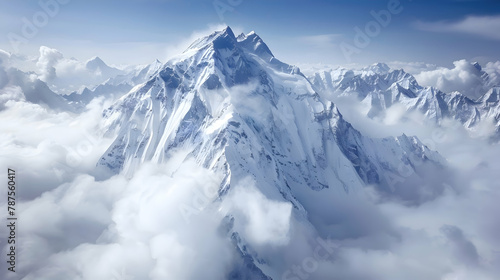 A jagged mountain peak piercing through clouds  aerial photography to show the imposing height and isolation of the peak