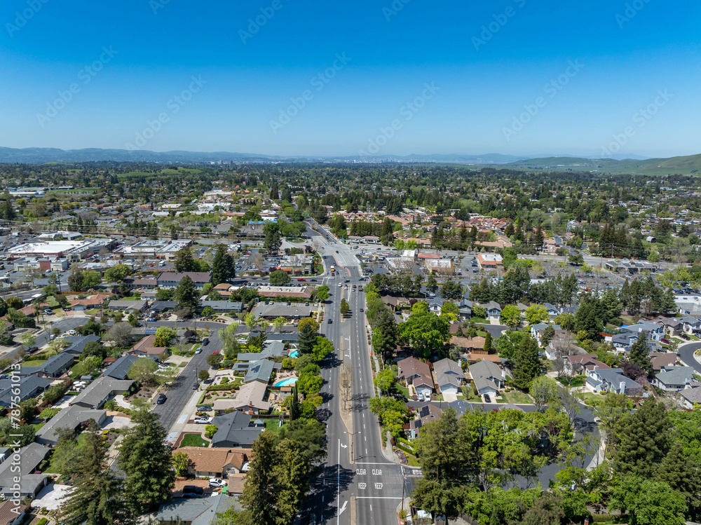 Drone photos over the Clayton Valley Shopping Center in Clayton, California on a beautiful Spring Day with a blue sky