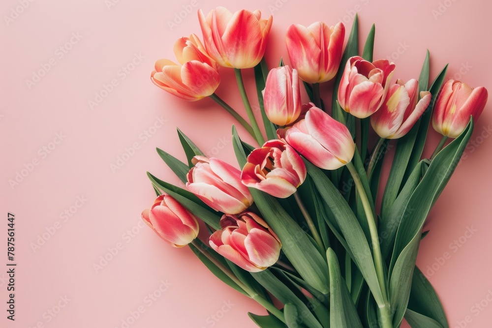 Pink tulips on pink background. Flat lay, top view. Space for text. Pink tulips on pink background. Flat lay, top view. Space for text.