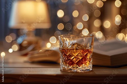 Glass of whisky with ice on wooden table. Bokeh lights in the background.