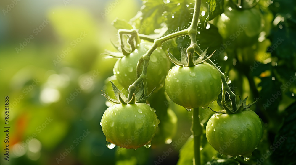 green tomatoes on the tomato plants waterdrops on the tomatoes green tomatoes on the tomato plants waterdrops on the tomatoes