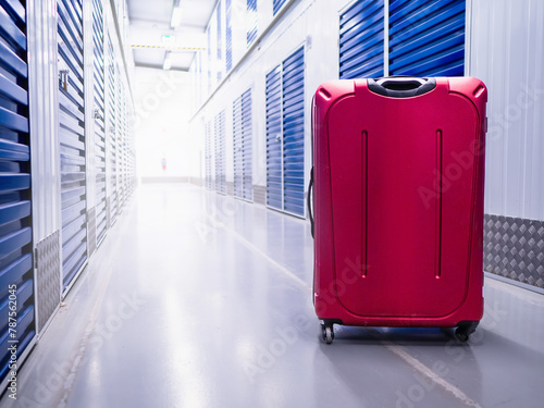 Red color suitcase in self storage facility hall with blue metal doors. Selective focus. Light and airy look. Nobody. Keeping personal items in safe dry place. Service for private and business.