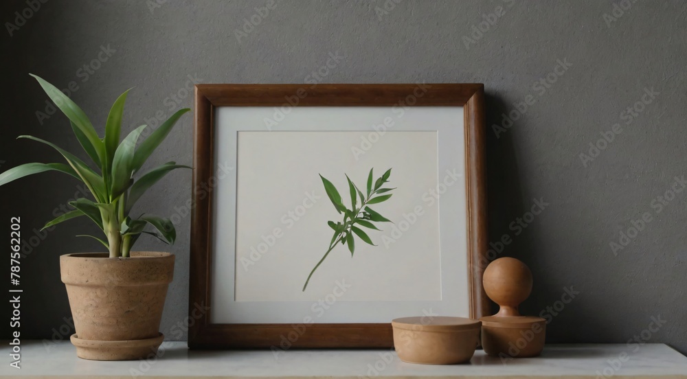 An empty frame on a table beside a plant.
An empty frame on a table beside a plant.