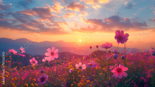 Bela Paisagem do Pôr do Sol com Céu Colorido sobre o Campo de Flores