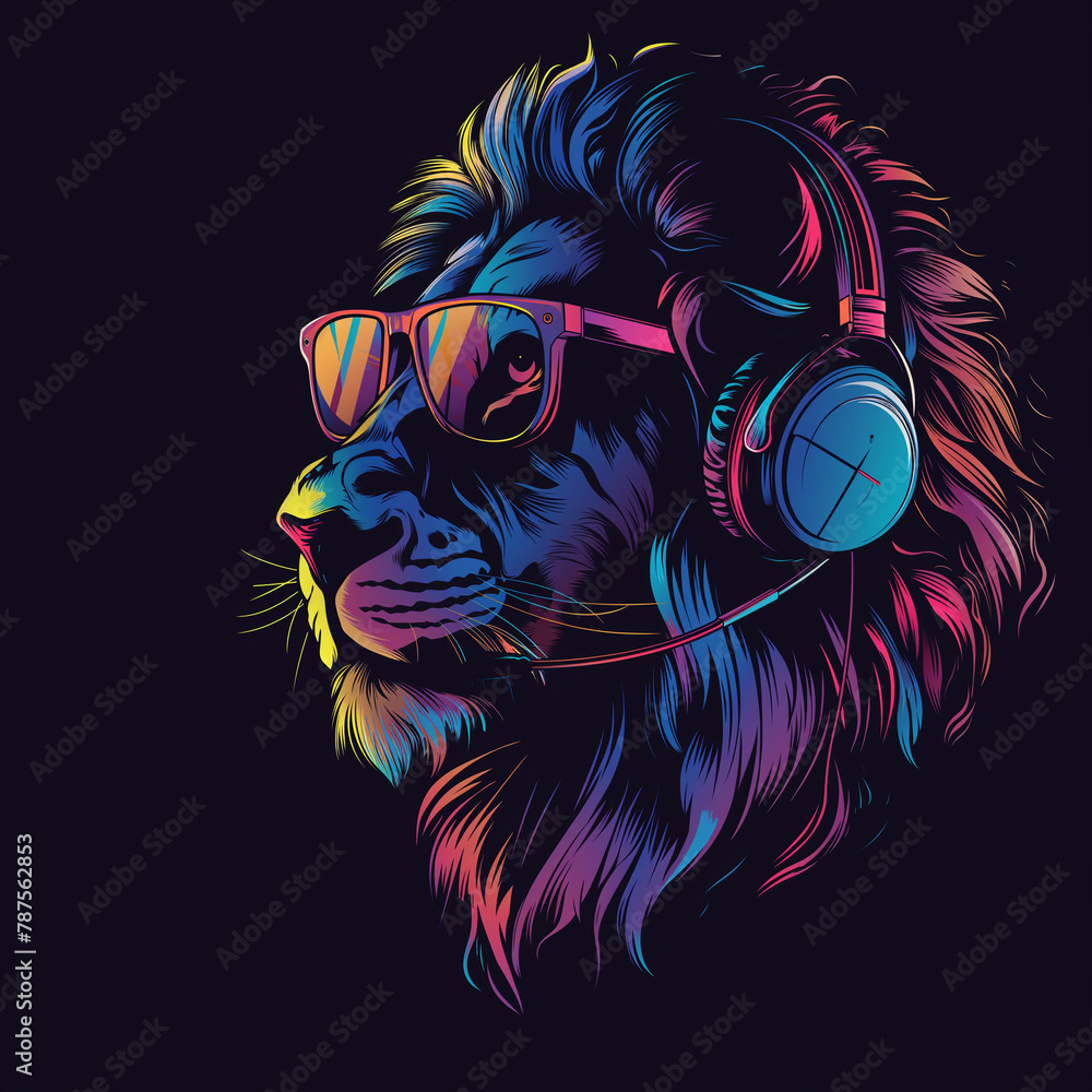 Illustration of a colorful lion on a black background, clothing design, lion wearing glasses - obrazy, fototapety, plakaty 