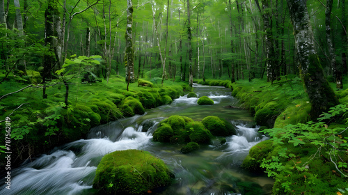 A lush green mossy forest with small streams flowing, HDR technique to bring out the rich details and colors of the moss and water