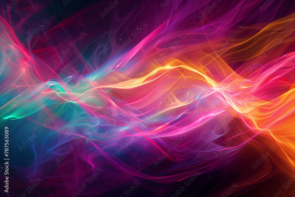 Interweaving of bright multi-colored light waves: Red, Yellow, Turquoise, Pink, Violet. Interweaving of bright multi-colored light waves: Red, Yellow, Turquoise, Pink, Violet.