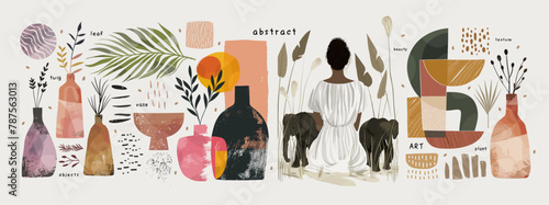Aesthetics. Abstract modern art. Vector illustration of abstraction, stylish geometric shape, woman sitting back with elephants, vase with plants, twigs and leaves for a wall interior poster  © Ardea-studio