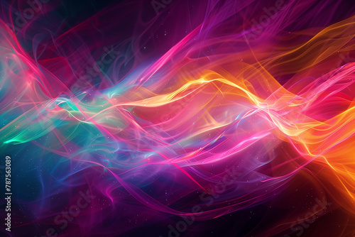 Interweaving of bright multi-colored light waves: Red, Yellow, Turquoise, Pink, Violet.