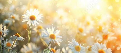 Charming chamomile blossoms in a field. A natural scenery of spring or summer with a daisy in full bloom under sunlight. Blurred background for a gentle effect.