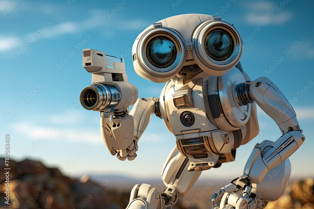 A robot is holding a camera in its hand, looking like a curious inventor. Generative AI A robot is holding a camera in its hand, looking like a curious inventor. Generative AI
