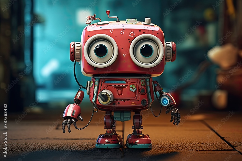 Fototapeta premium A red robot with big eyes stands on a floor, showcasing its cute and quirky design. Generative AI