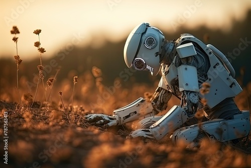 A curious inventor robot sits in the center of a vast field under the open sky. Generative AI