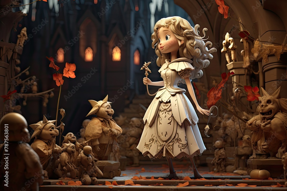 A little princess explores wonderland and meets the seven dwarfs in this animated scene. Generative AI
