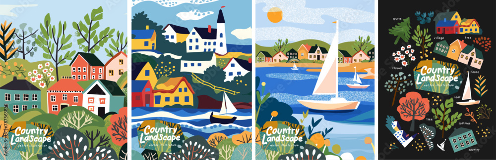Fototapeta premium Country landscape. Summer and nature. Vector cute illustrations of a village, town, lake with a boat, house, river, city, street, bush for a poster, background or card