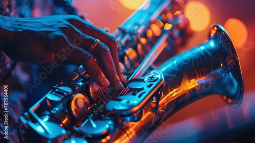 Focus on a saxophonist's fingers gliding over keys, a key element in the pulse of a live jazz concert.