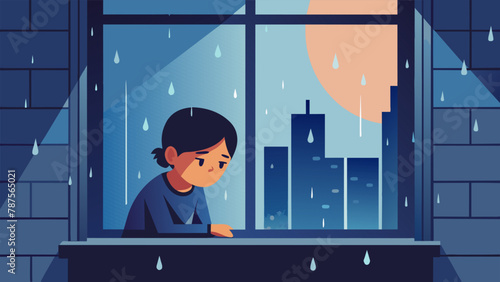 A child curled up on a windowsill watching the rain patter against the glass lost in the simple joy of the moment.