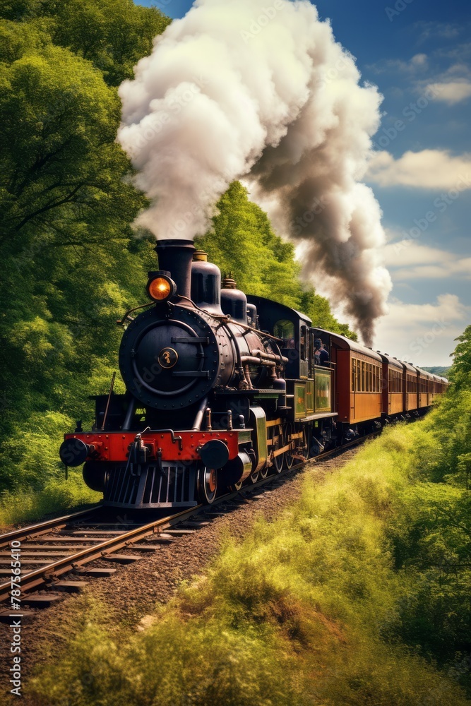 An antique steam-powered locomotive chugging along railway tracks in the countryside