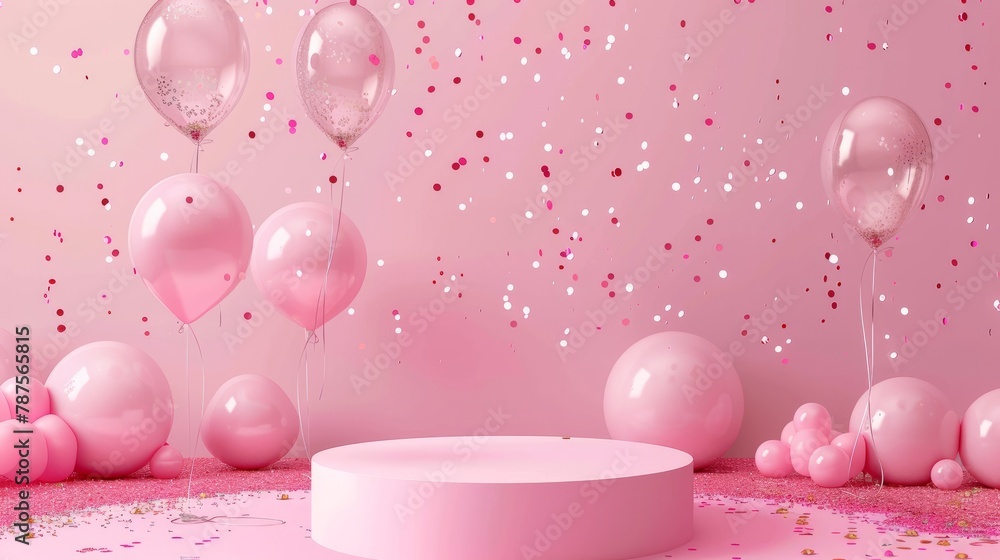 Pink podium. Pink background with balloons and confetti Pink podium. Pink background with balloons and confetti