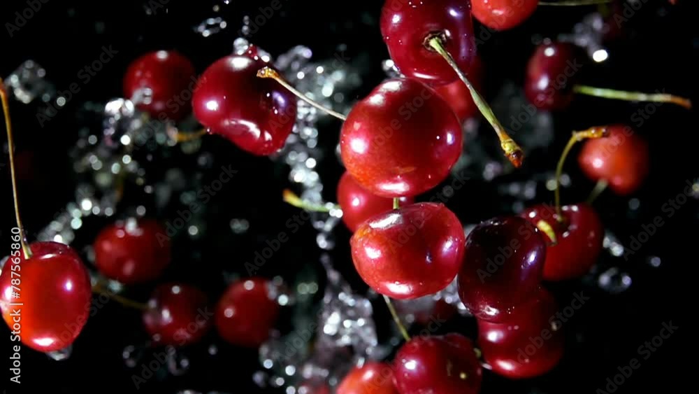 Red juicy cherries bounce up with splashes of water on a black background in slow motion Red juicy cherries bounce up with splashes of water on a black background in slow motion